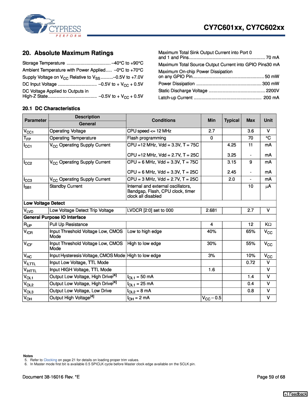 Cypress CY7C602xx Absolute Maximum Ratings, DC Characteristics, Parameter, Conditions, Unit, General, Detect, Description 