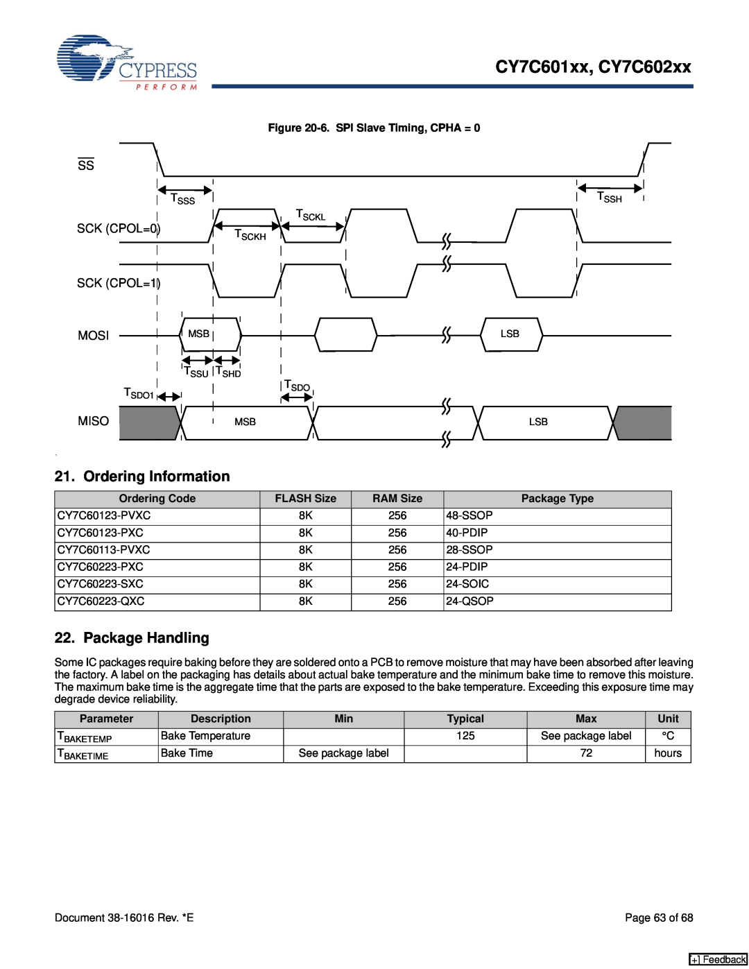 Cypress CY7C602xx Ordering Information, Package Handling, SCK CPOL=0 SCK CPOL=1, Mosi Msb, 6. SPI Slave Timing, CPHA = 