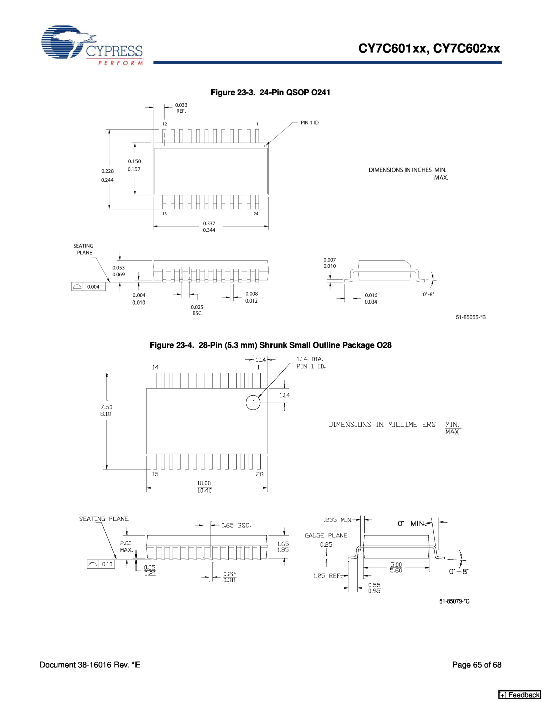 Cypress manual 3. 24-Pin QSOP O241, 4. 28-Pin 5.3 mm Shrunk Small Outline Package O28, CY7C601xx, CY7C602xx, Page 65 of 