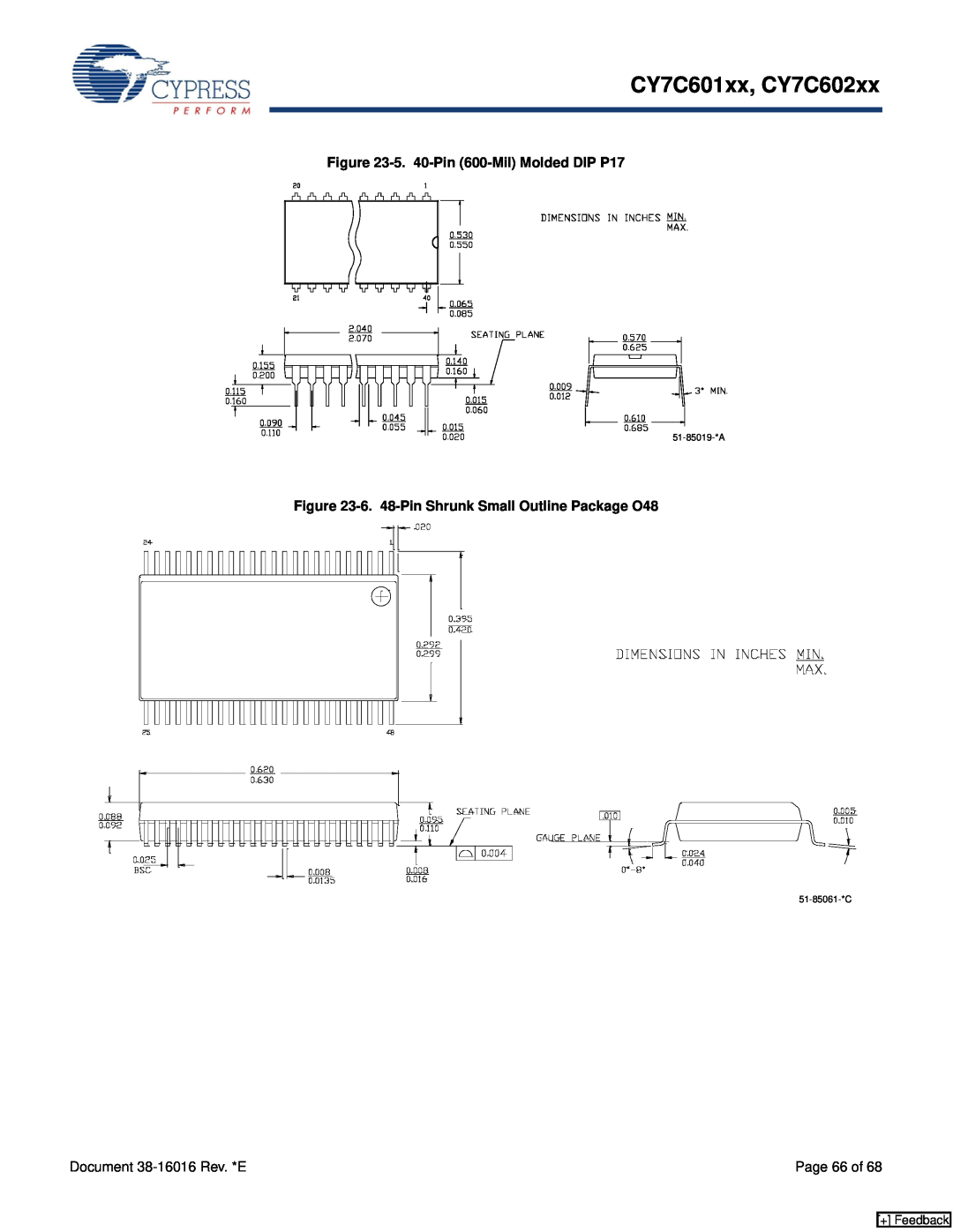 Cypress 5. 40-Pin 600-Mil Molded DIP P17, 6. 48-Pin Shrunk Small Outline Package O48, CY7C601xx, CY7C602xx, Page 66 of 