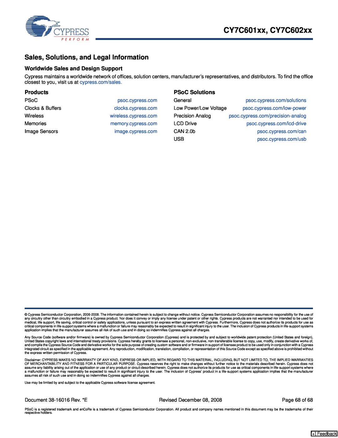 Cypress CY7C601xx Sales, Solutions, and Legal Information, Worldwide Sales and Design Support, Products, PSoC Solutions 