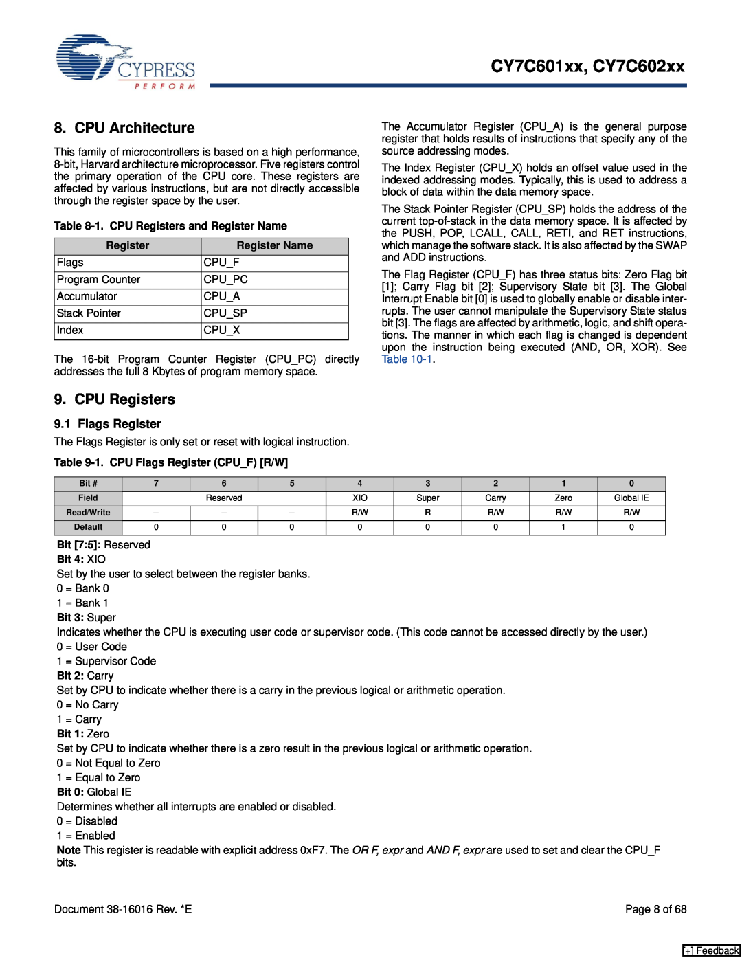 Cypress CY7C601xx CPU Architecture, 1. CPU Registers and Register Name, 1. CPU Flags Register CPUF R/W, Bit 1 Zero 