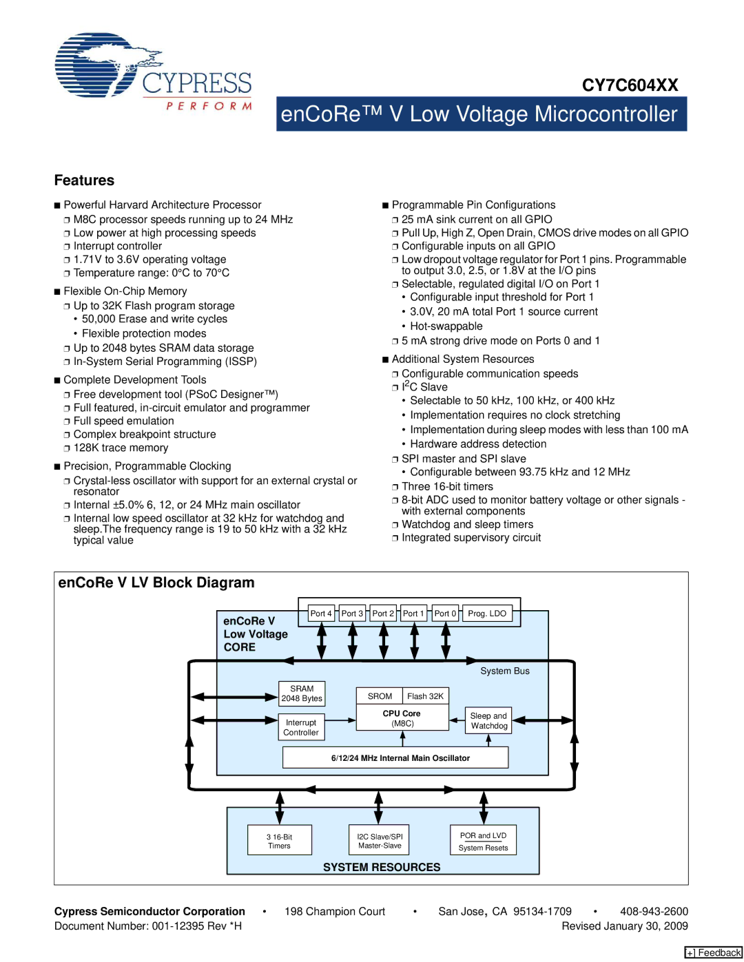 Cypress CY7C604XX manual Features, EnCoRe V LV Block Diagram, Low Voltage 