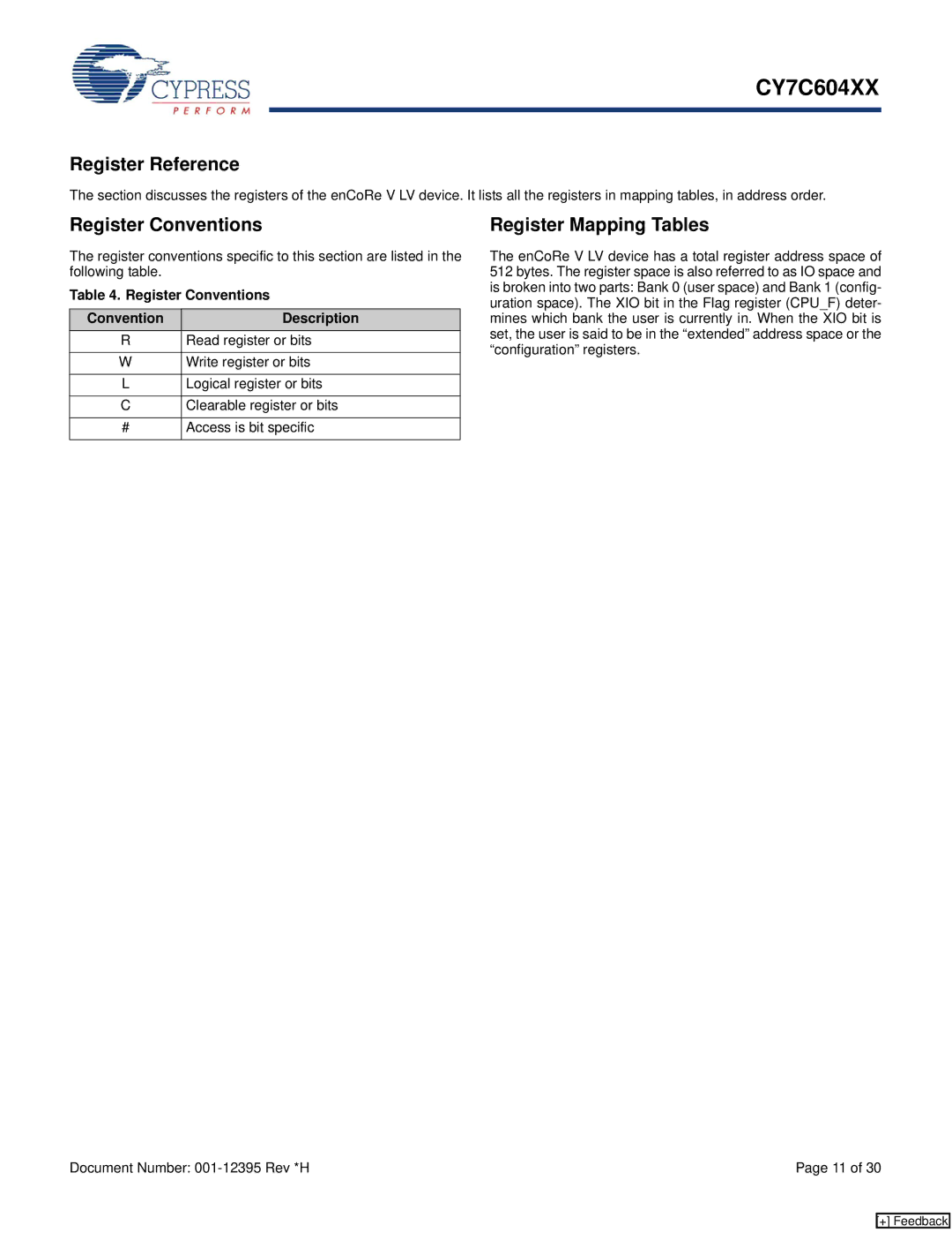 Cypress CY7C604XX manual Register Reference, Register Mapping Tables, Register Conventions Description 