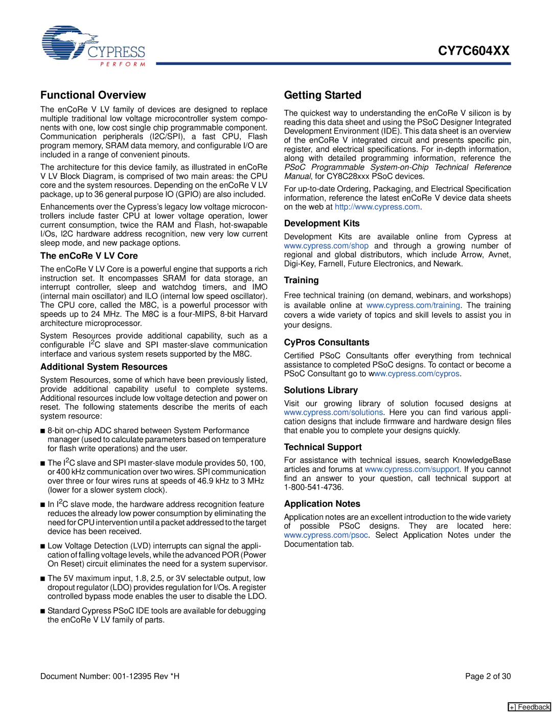 Cypress CY7C604XX manual Functional Overview Getting Started, EnCoRe V LV Core, Additional System Resources 