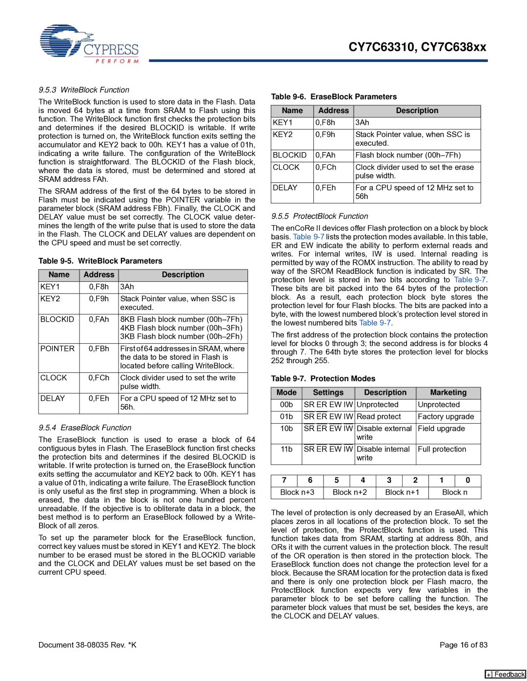 Cypress CY7C63310 manual WriteBlock Parameters Name Address Description, EraseBlock Parameters Name Address Description 