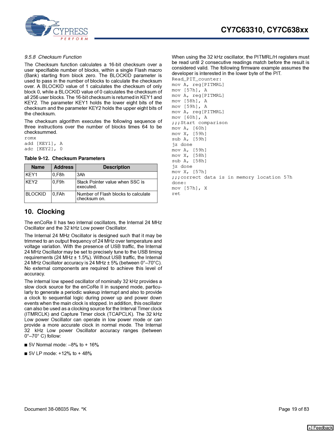 Cypress CY7C638xx, CY7C63310 manual Clocking, Checksum Function, Checksum Parameters Name Address Description 