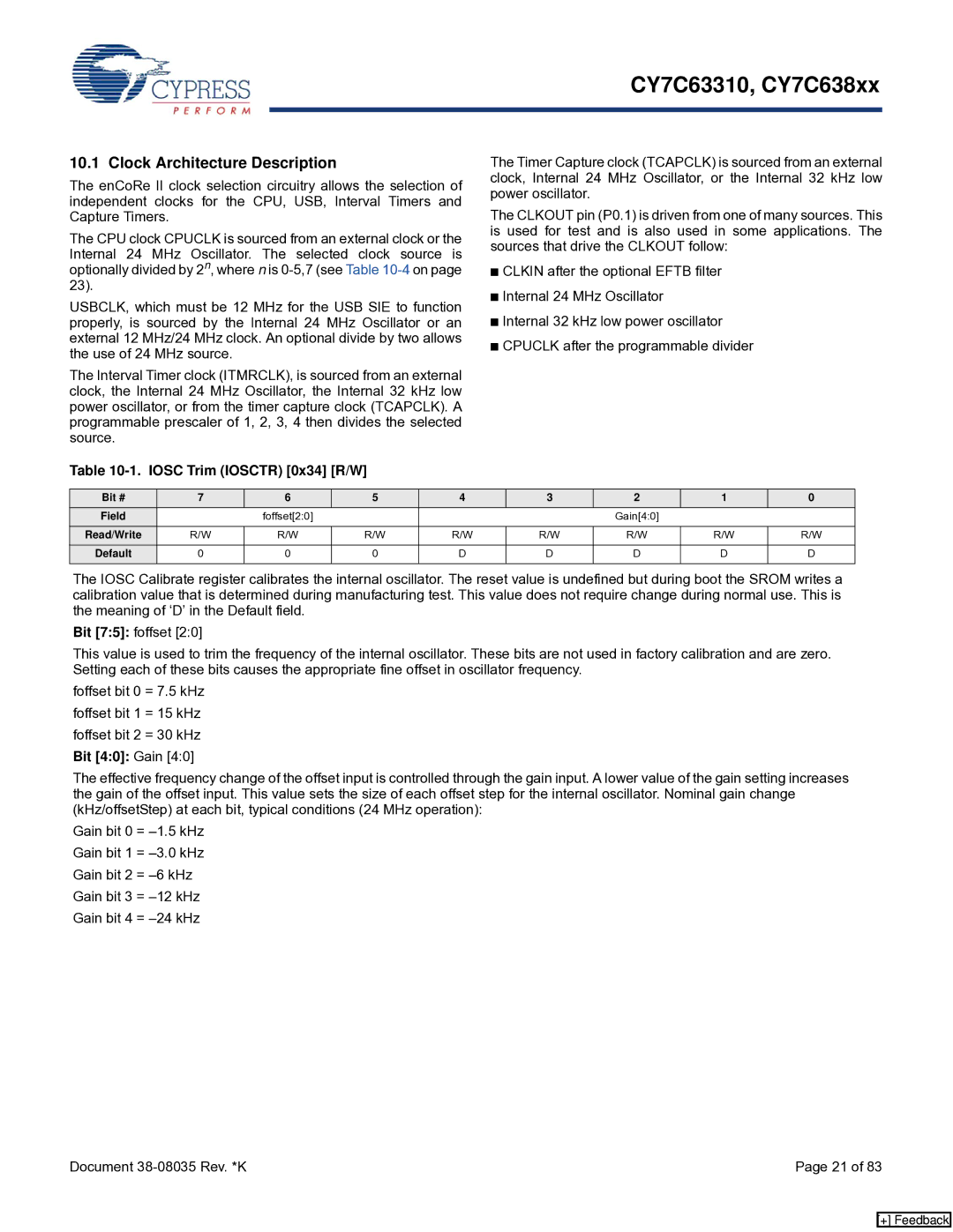 Cypress CY7C638xx, CY7C63310 manual Clock Architecture Description, Iosc Trim Iosctr 0x34 R/W, Bit 40 Gain 