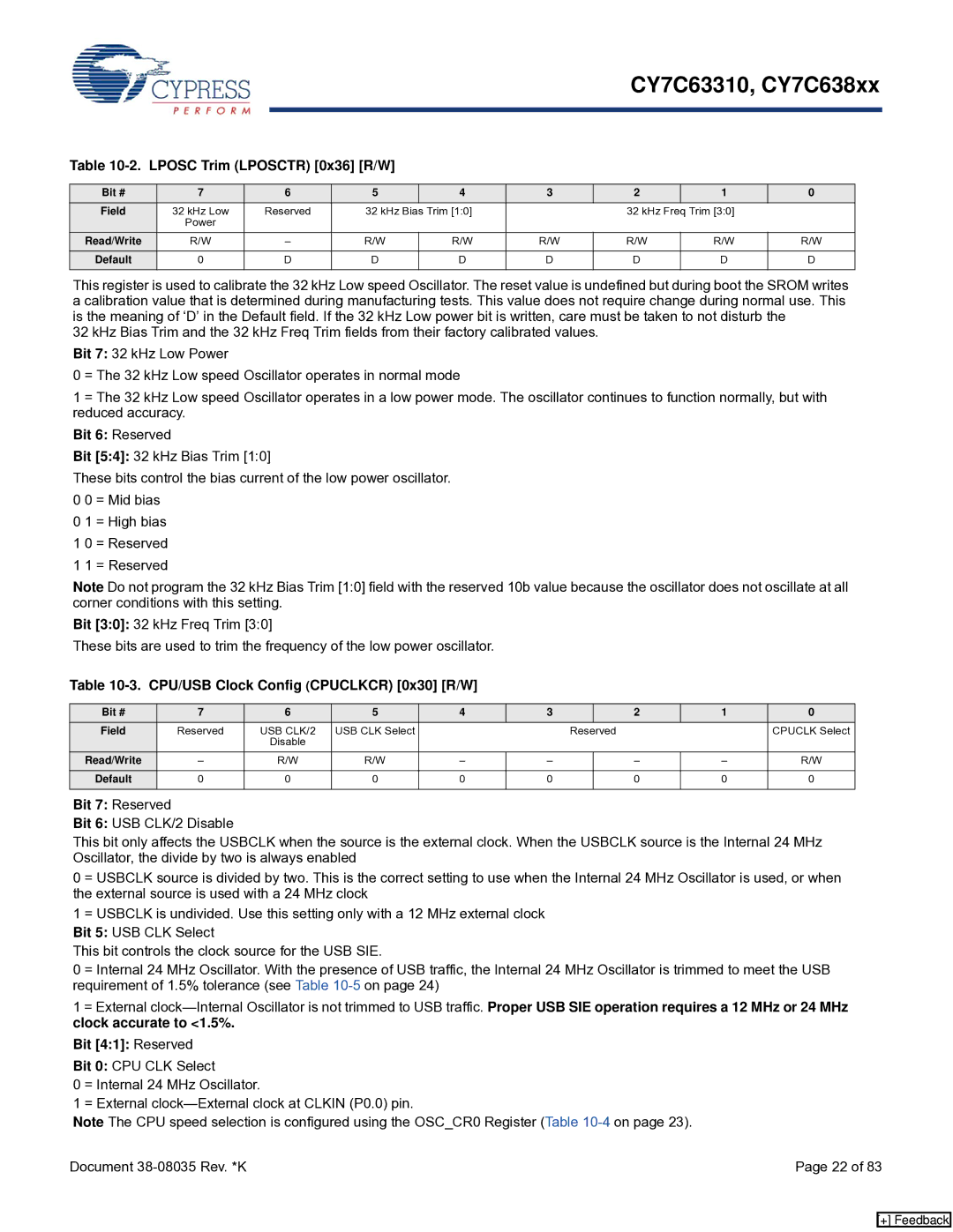 Cypress CY7C63310, CY7C638xx manual Lposc Trim Lposctr 0x36 R/W, CPU/USB Clock Config Cpuclkcr 0x30 R/W, Bit 41 Reserved 