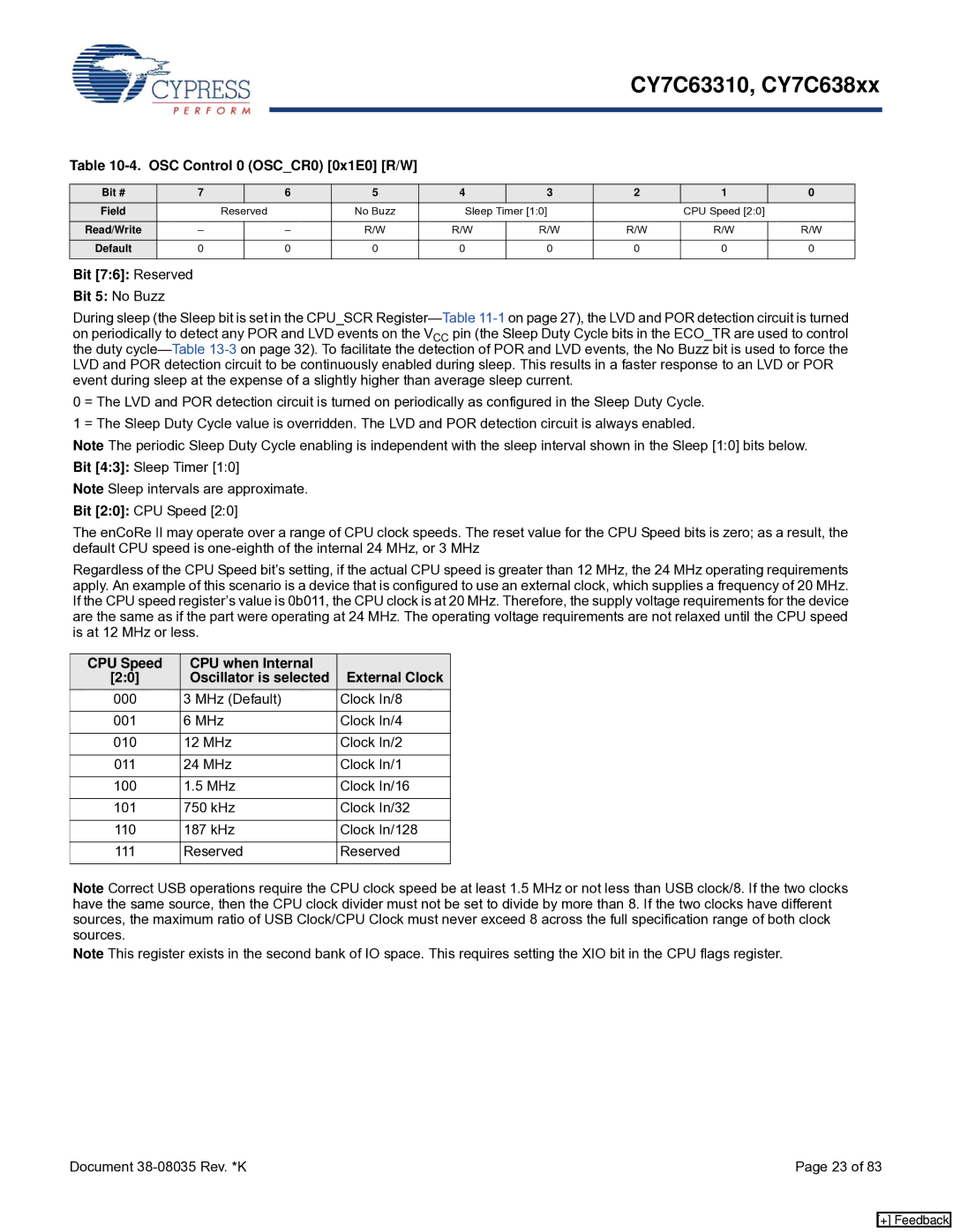 Cypress CY7C638xx, CY7C63310 manual OSC Control 0 OSCCR0 0x1E0 R/W, Bit 76 Reserved Bit 5 No Buzz 