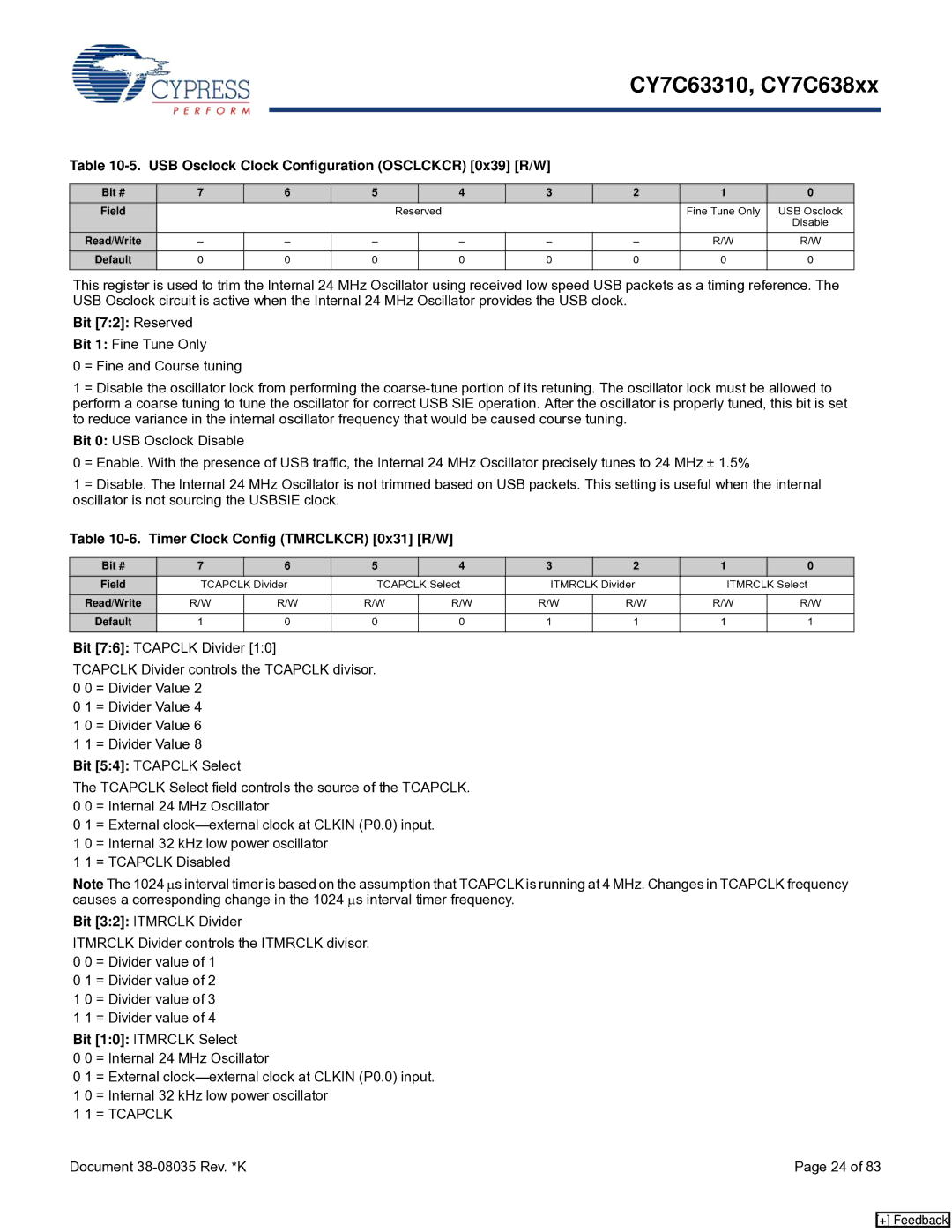 Cypress CY7C63310 USB Osclock Clock Configuration Osclckcr 0x39 R/W, Bit 72 Reserved, Timer Clock Config Tmrclkcr 0x31 R/W 