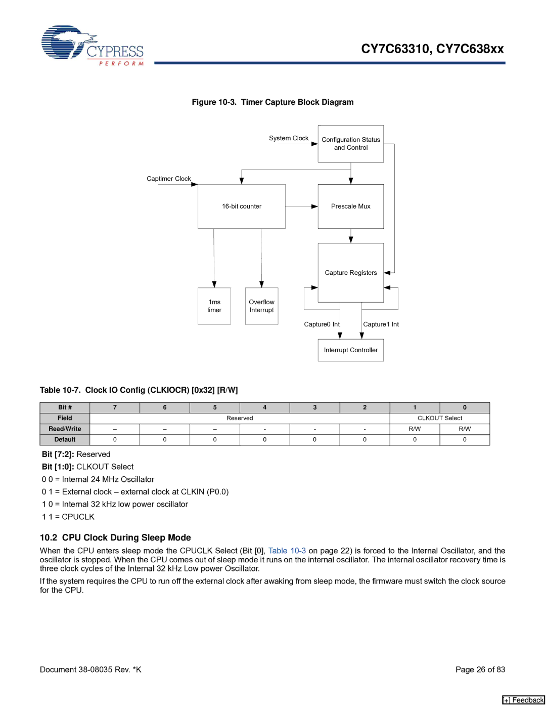 Cypress CY7C63310, CY7C638xx manual CPU Clock During Sleep Mode, Clock IO Config Clkiocr 0x32 R/W 