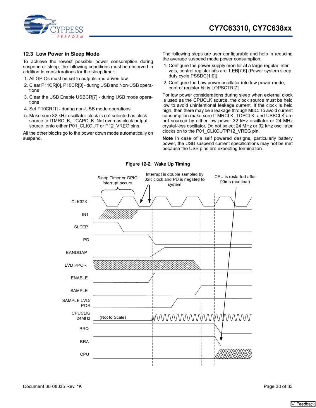 Cypress CY7C63310, CY7C638xx manual Low Power in Sleep Mode, Wake Up Timing 