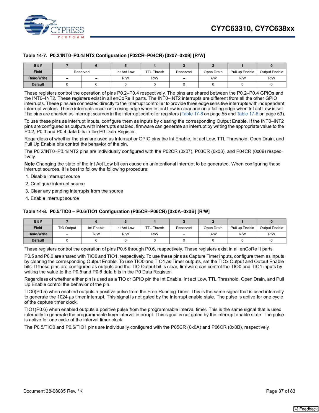 Cypress CY7C638xx, CY7C63310 manual P0.2/INT0-P0.4/INT2 Configuration P02CR-P04CR 0x07-0x09 R/W 