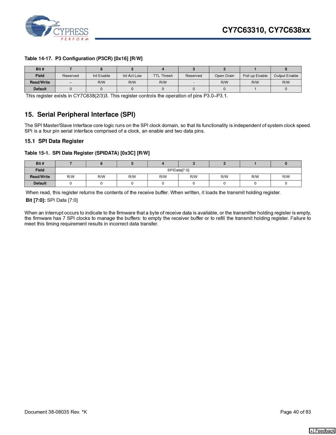 Cypress CY7C63310, CY7C638xx manual Serial Peripheral Interface SPI, SPI Data Register, 17. P3 Configuration P3CR 0x16 R/W 