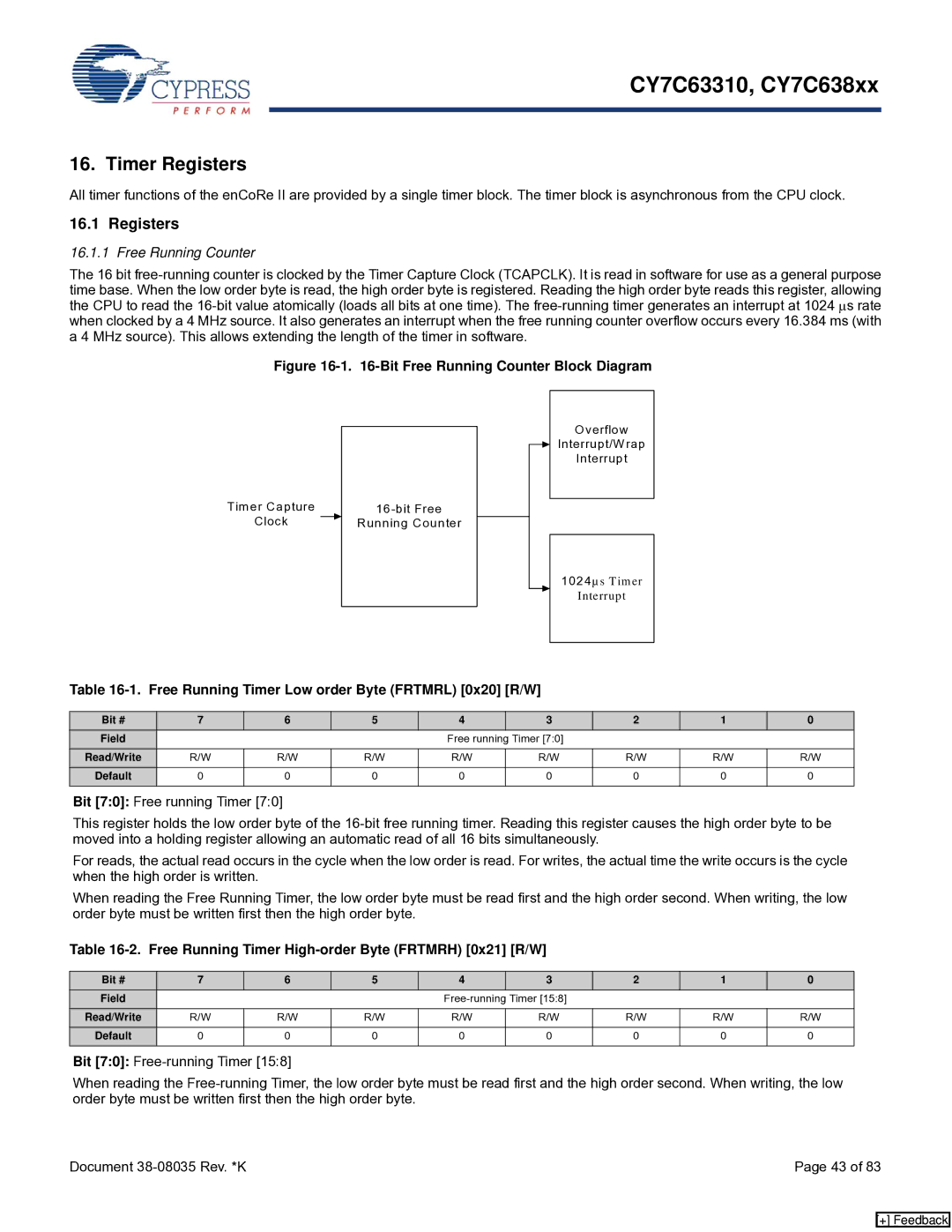 Cypress CY7C638xx, CY7C63310 manual Timer Registers, Free Running Counter, Free Running Timer Low order Byte Frtmrl 0x20 R/W 