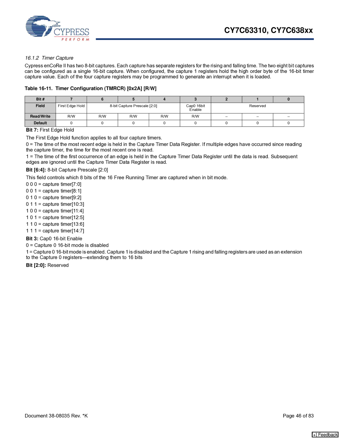 Cypress CY7C63310, CY7C638xx manual Timer Capture, Timer Configuration Tmrcr 0x2A R/W, Bit 20 Reserved 