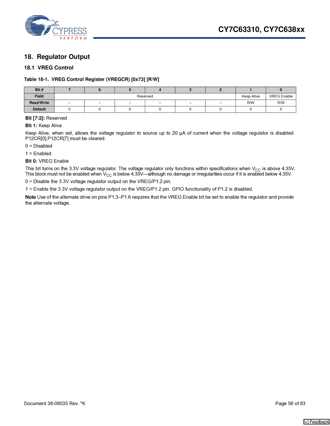 Cypress CY7C63310, CY7C638xx manual Regulator Output, Vreg Control Register Vregcr 0x73 R/W 