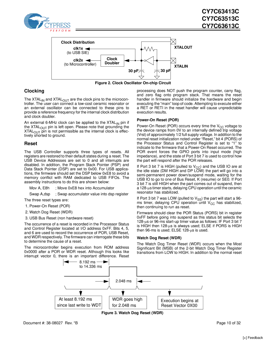 Cypress CY7C63513C, CY7C63613C, CY7C63413C manual Clocking, Reset 