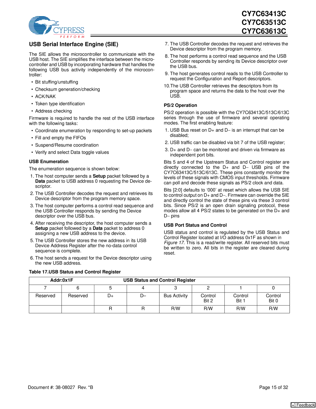 Cypress CY7C63613C, CY7C63513C, CY7C63413C manual USB Serial Interface Engine SIE 