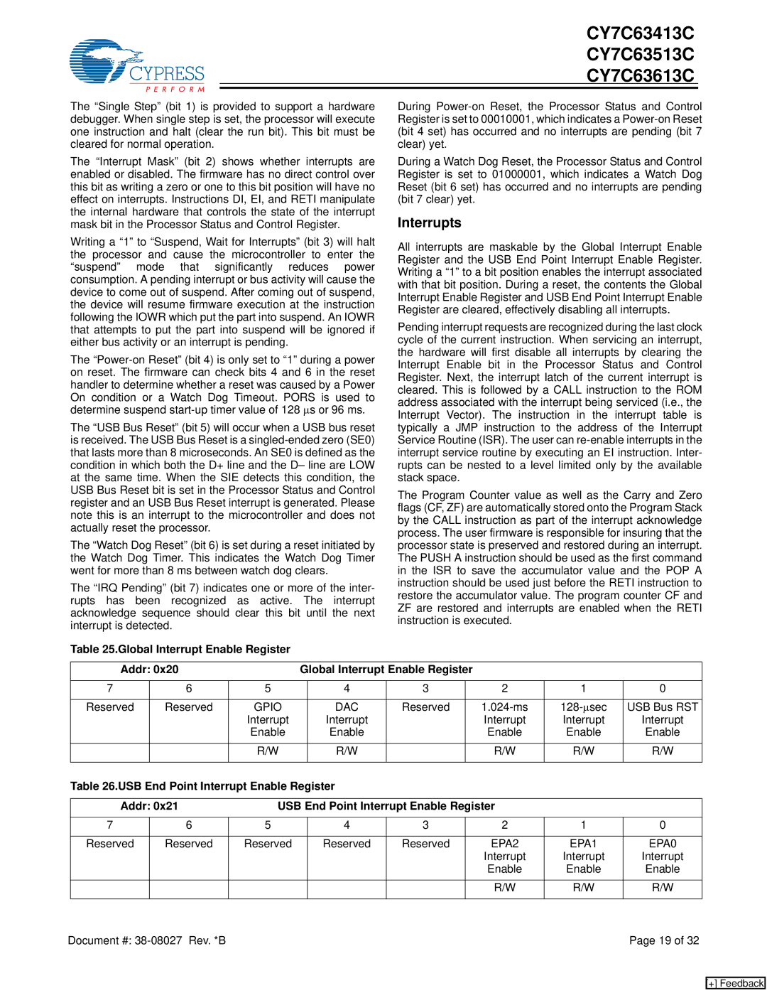 Cypress CY7C63513C, CY7C63613C, CY7C63413C manual Interrupts, Global Interrupt Enable Register Addr, Gpio DAC, EPA2 EPA1 EPA0 