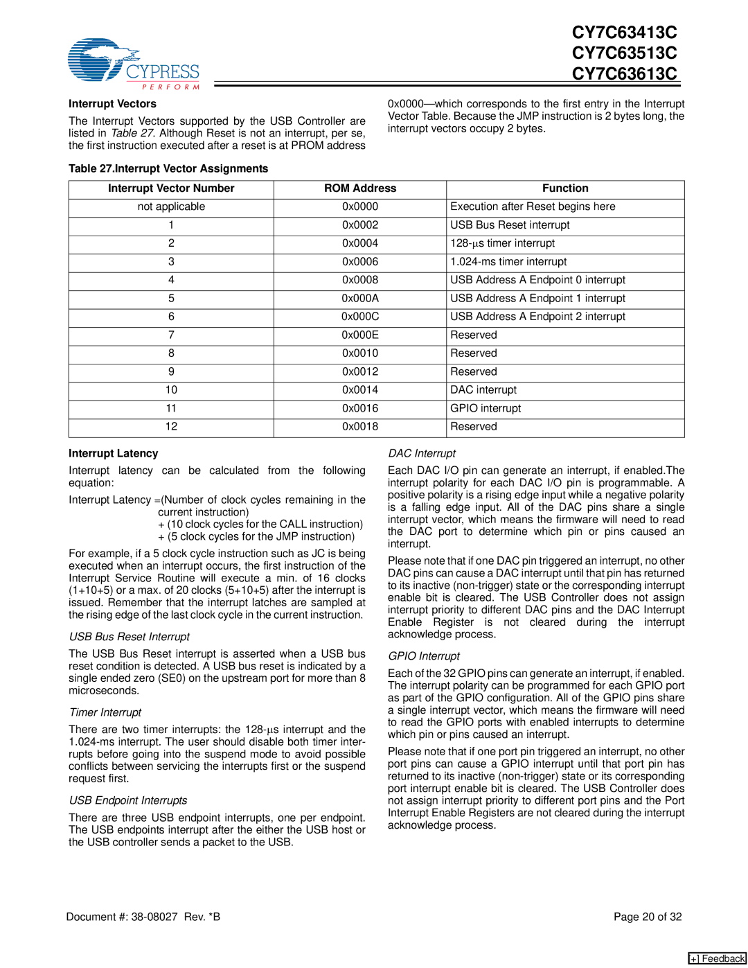 Cypress CY7C63413C manual Interrupt Vectors, Interrupt Vector Assignments, Interrupt Vector Number ROM Address Function 