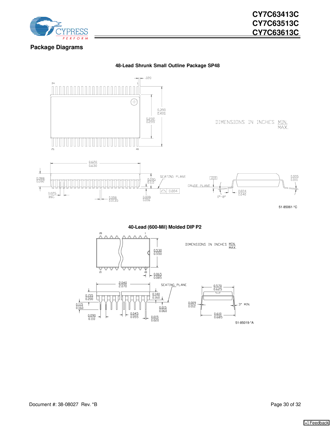 Cypress CY7C63613C, CY7C63513C manual Package Diagrams, Lead Shrunk Small Outline Package SP48, Lead 600-Mil Molded DIP P2 