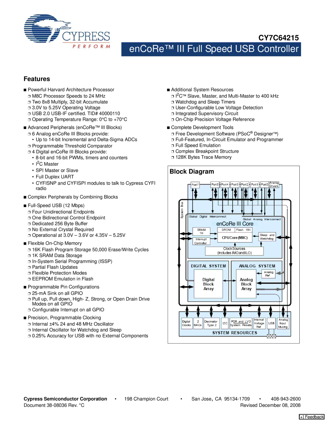 Cypress CY7C64215 manual Features, Block Diagram, Cypress Semiconductor Corporation 198 Champion Court 