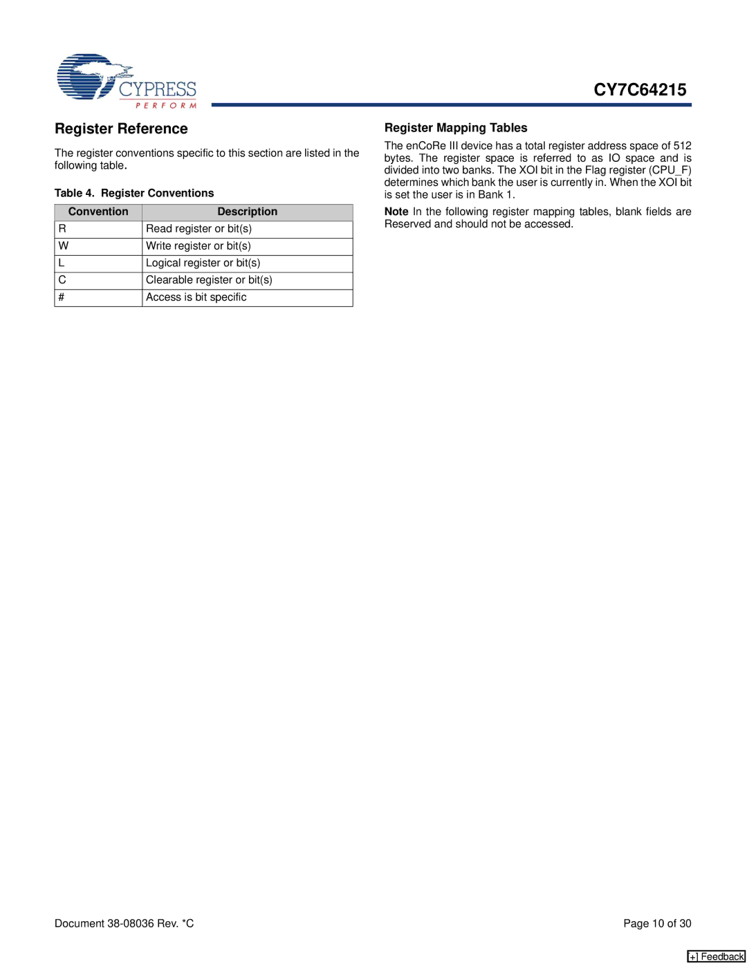 Cypress CY7C64215 manual Register Reference, Register Mapping Tables, Register Conventions Description 