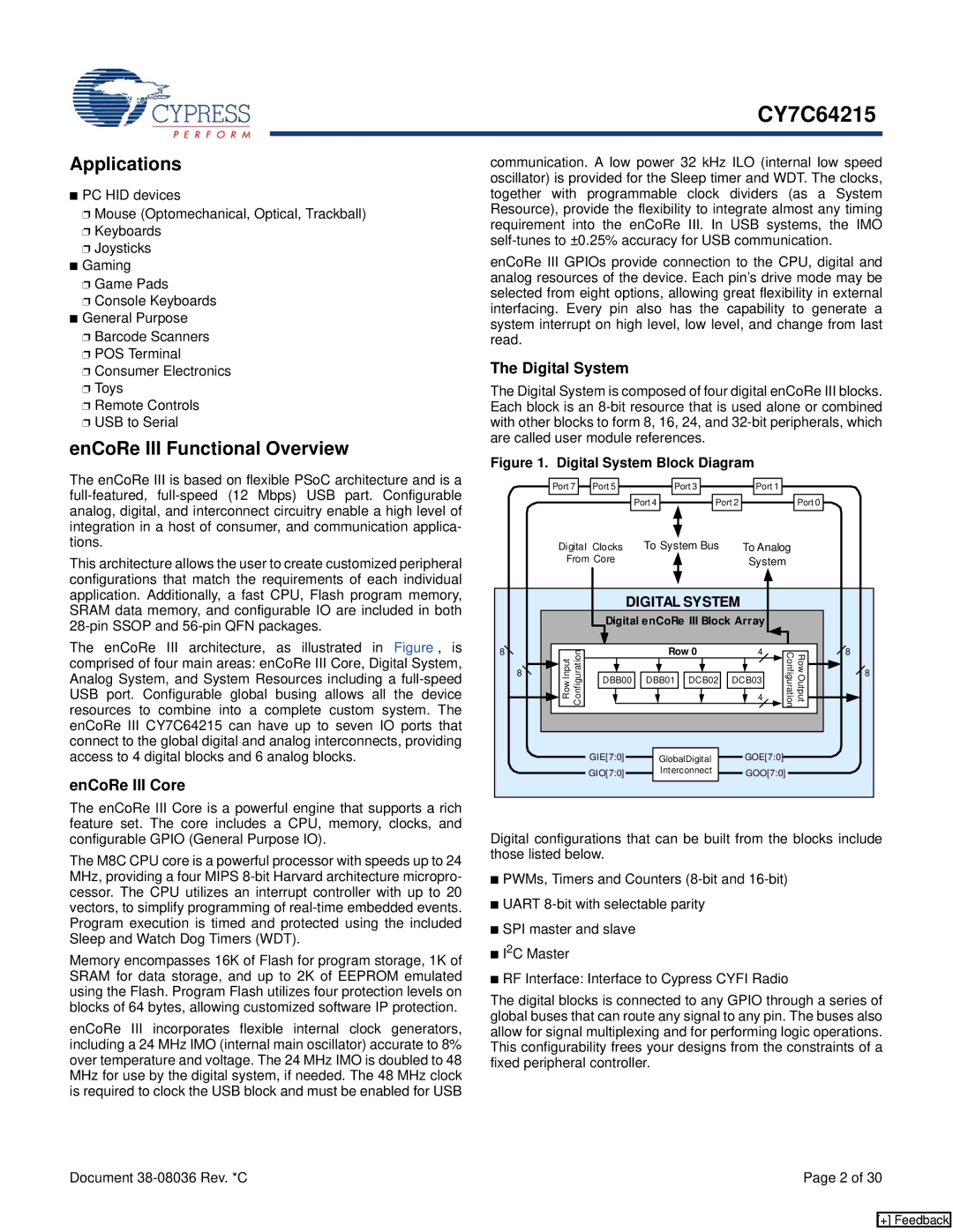 Cypress CY7C64215 manual Applications, EnCoRe III Functional Overview, EnCoRe III Core, Digital System 