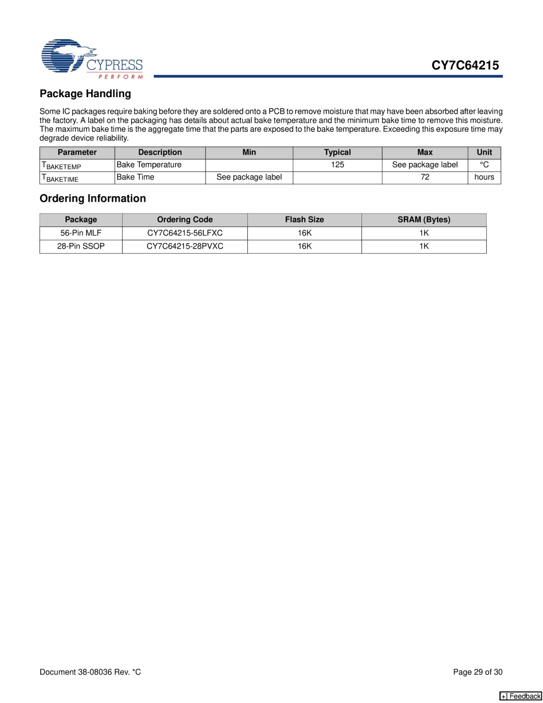 Cypress CY7C64215 manual Package Handling, Ordering Information, Parameter Description Min Typical Max Unit 