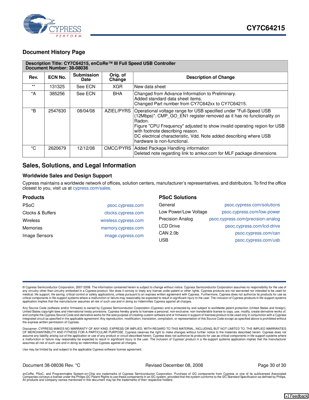 Cypress CY7C64215 Sales, Solutions, and Legal Information, Worldwide Sales and Design Support Products PSoC Solutions 