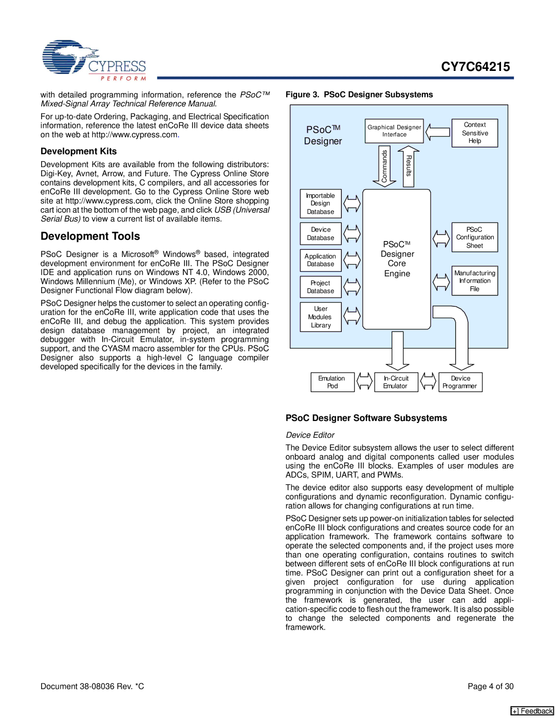 Cypress CY7C64215 manual Development Tools, Development Kits, PSoC Designer Software Subsystems, Device Editor 