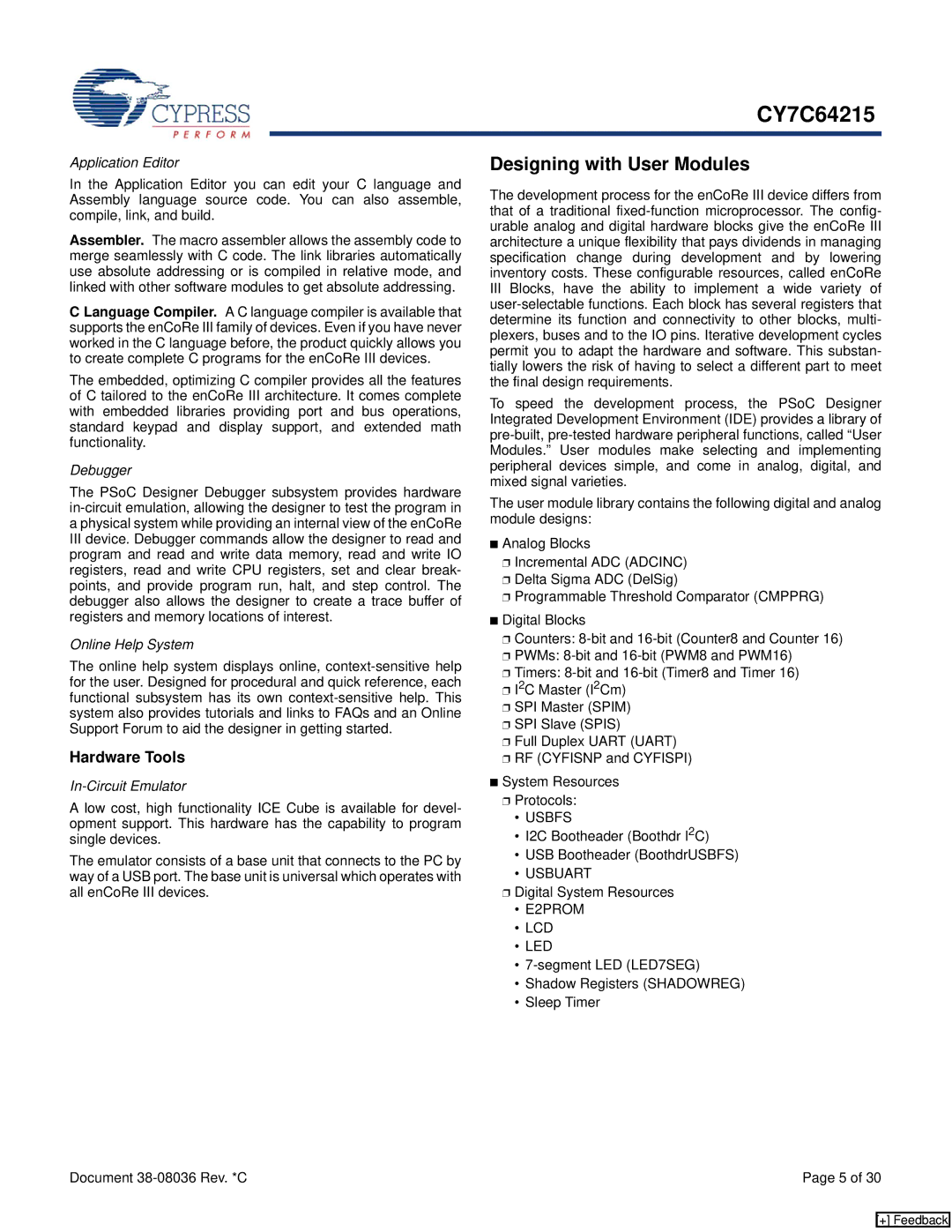 Cypress CY7C64215 manual Designing with User Modules, Hardware Tools 