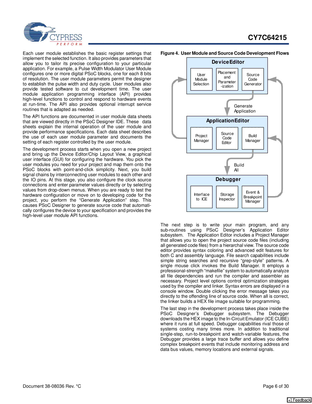 Cypress CY7C64215 manual DeviceEditor, ApplicationEditor, Debugger, Generate Application, Build All 