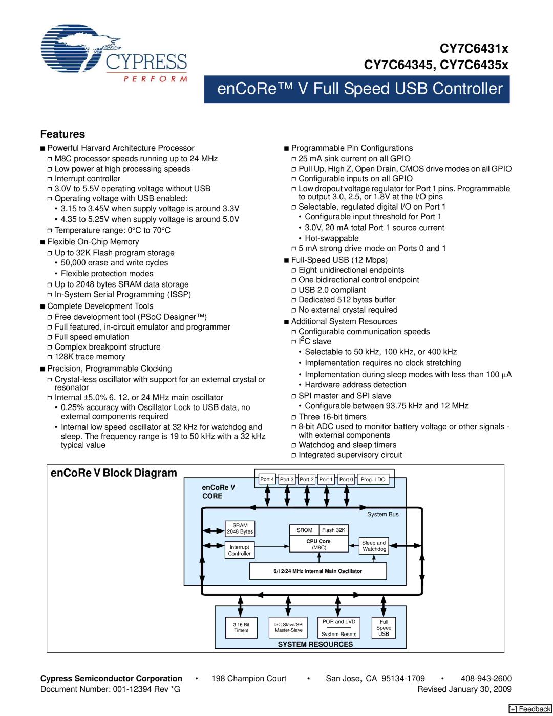 Cypress CY7C6431x, CY7C64345 manual Features, EnCoRe V Block Diagram, Cypress Semiconductor Corporation 198 Champion Court 