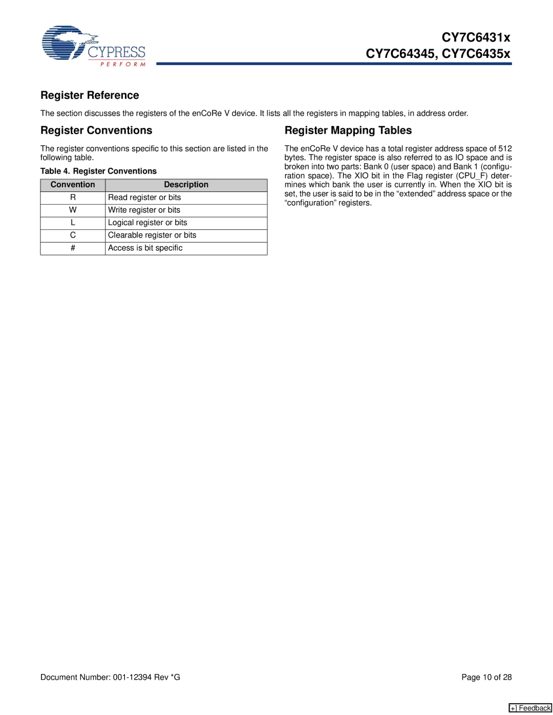 Cypress CY7C6431x, CY7C64345, CY7C6435x Register Reference, Register Mapping Tables, Register Conventions Description 