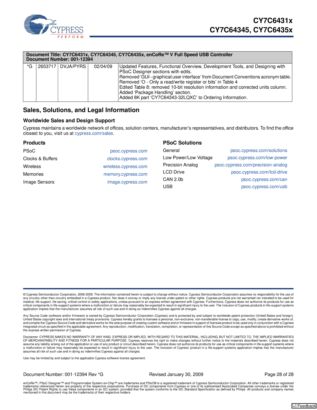 Cypress CY7C6431x Sales, Solutions, and Legal Information, Worldwide Sales and Design Support Products PSoC Solutions 