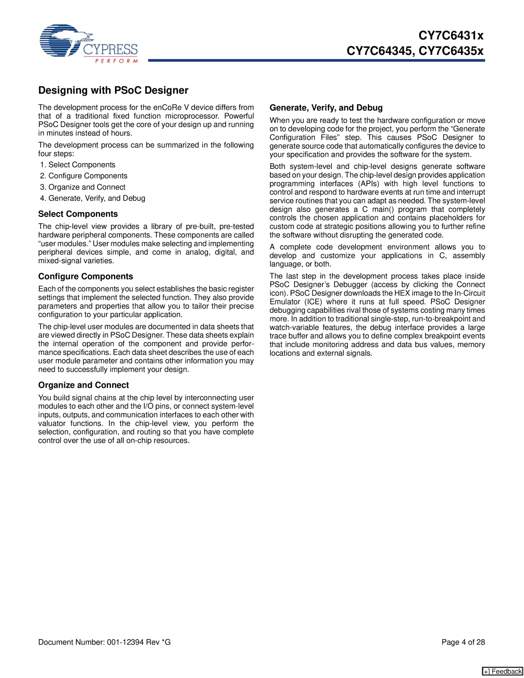 Cypress CY7C6431x manual Designing with PSoC Designer, Select Components, Configure Components, Generate, Verify, and Debug 