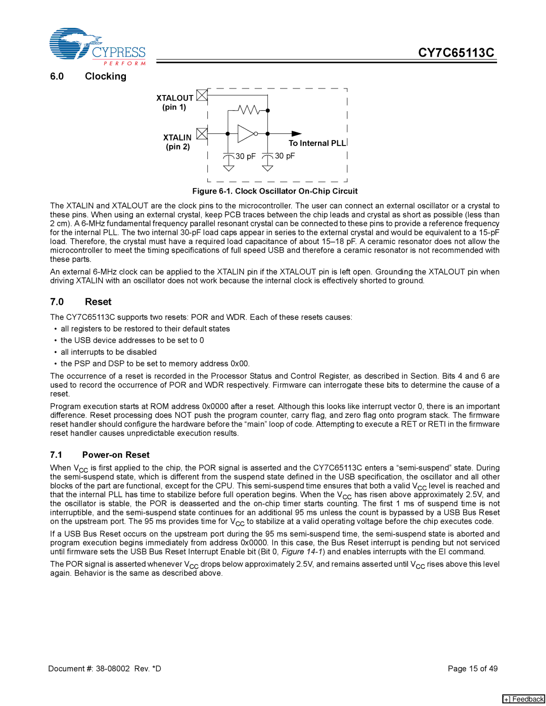 Cypress CY7C65113C manual Clocking, Power-on Reset, Xtalout, Xtalin 