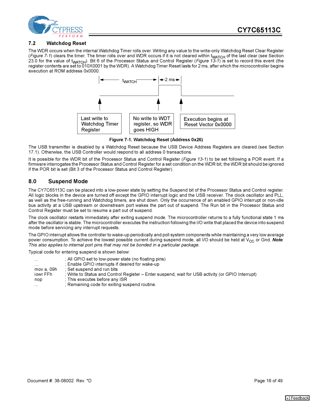 Cypress CY7C65113C manual Suspend Mode, Watchdog Reset 