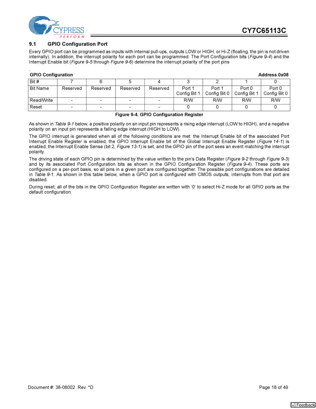 Cypress CY7C65113C manual Gpio Configuration Port, Gpio Configuration Address 