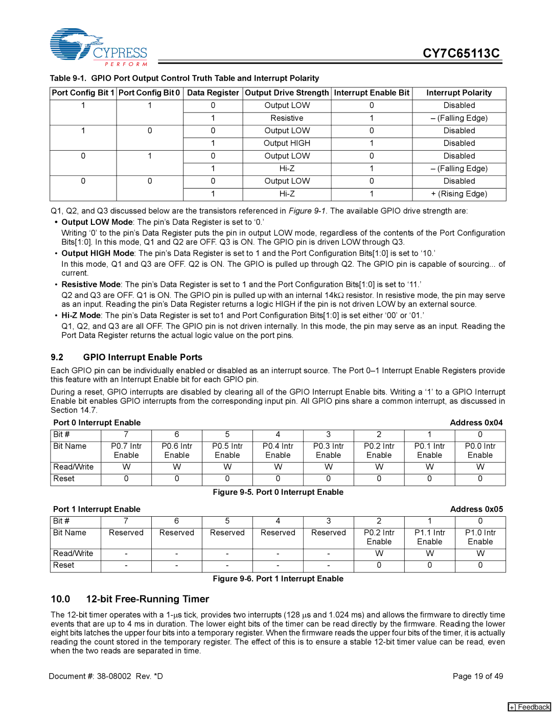 Cypress CY7C65113C manual 10.0 12-bit Free-Running Timer, Gpio Interrupt Enable Ports, Port 0 Interrupt Enable 