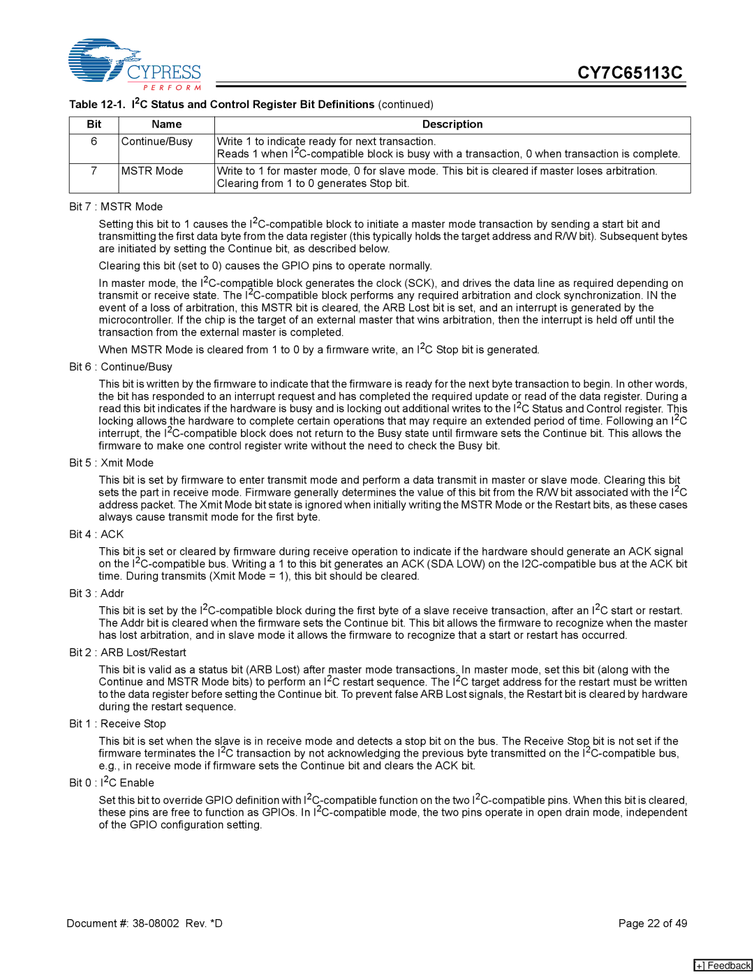 Cypress CY7C65113C manual Continue/Busy Write 1 to indicate ready for next transaction 