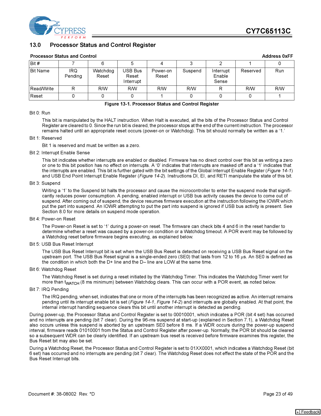 Cypress CY7C65113C manual Processor Status and Control Register, Processor Status and Control Address 0xFF, Irq 