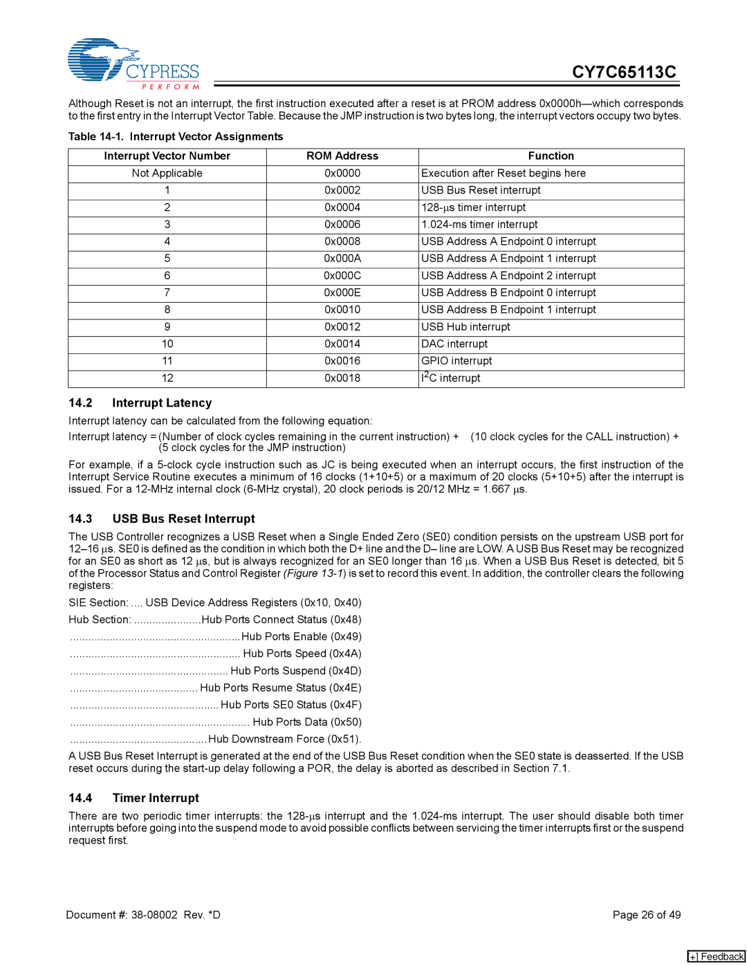 Cypress CY7C65113C manual Interrupt Latency, USB Bus Reset Interrupt, Timer Interrupt 