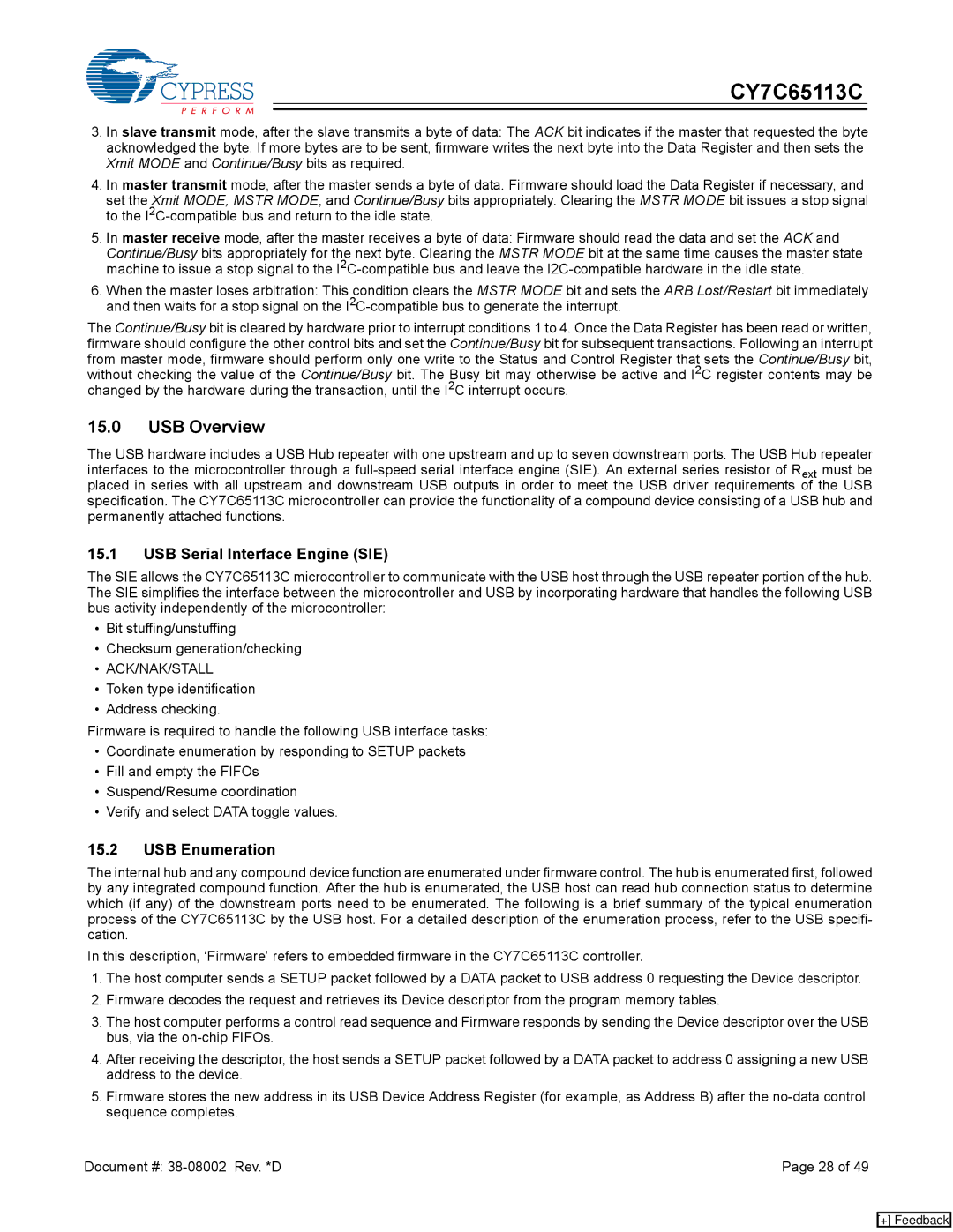 Cypress CY7C65113C manual USB Overview, USB Serial Interface Engine SIE, USB Enumeration, Ack/Nak/Stall 