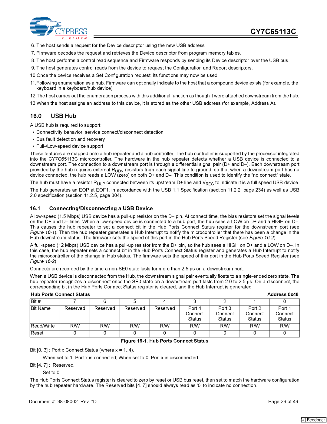 Cypress CY7C65113C manual USB Hub, Connecting/Disconnecting a USB Device, Hub Ports Connect Status 