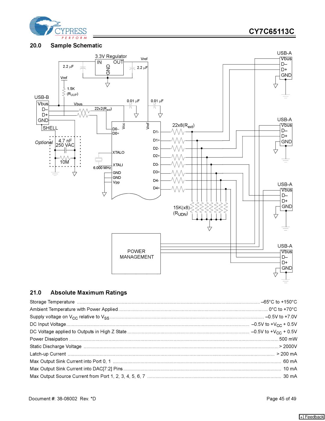 Cypress CY7C65113C manual Sample Schematic, Absolute Maximum Ratings 