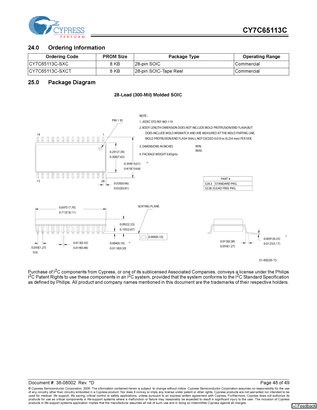 Cypress CY7C65113C manual Ordering Information, Package Diagram, Ordering Code Prom Size Package Type Operating Range 